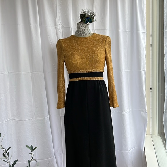 Vintage Evening gown with coat and scarf Black and Gold Lame no label Pure wool - Picture 5 of 14
